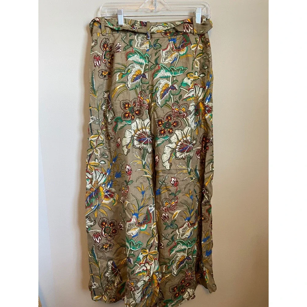 Banana Republic Petite 6 Linen Wide Leg Floral Pants Brown Meridian High Rise